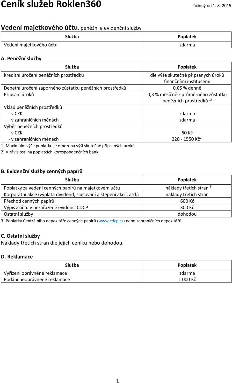 prostředků - v CZK - v zahraničních měnách 1) Maximální výše poplatku je omezena výší skutečně připsaných úroků 2) V závislosti na poplatcích korespondenčních bank dle výše skutečně připsaných úroků