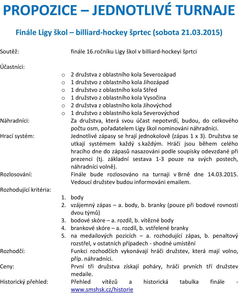 Střed o 1 družstvo z oblastního kola Vysočina o 2 družstva z oblastního kola Jihovýchod o 1 družstvo z oblastního kola Severovýchod Za družstva, která svou účast nepotvrdí, budou, do celkového počtu