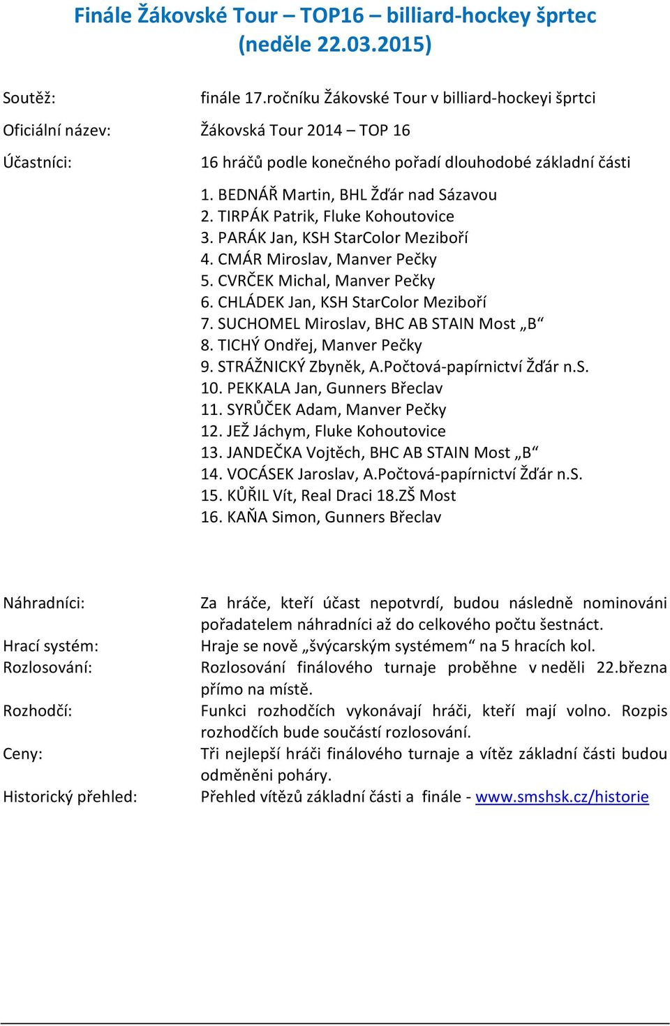 BEDNÁŘ Martin, BHL Žďár nad Sázavou 2. TIRPÁK Patrik, Fluke Kohoutovice 3. PARÁK Jan, KSH StarColor Meziboří 4. CMÁR Miroslav, Manver Pečky 5. CVRČEK Michal, Manver Pečky 6.