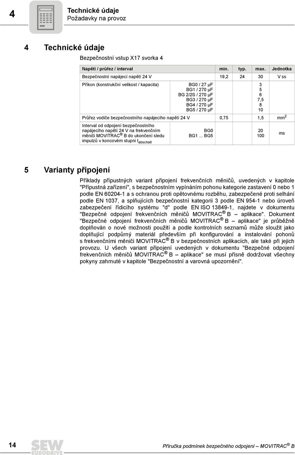 bezpečnostního napájecího napětí 24 V 0,75 1,5 mm 2 Interval od odpojení bezpečnostního napájecího napětí 24 V na frekvenčním měniči MOVITRAC B do ukončení sledu impulzů v koncovém stupni t abschalt