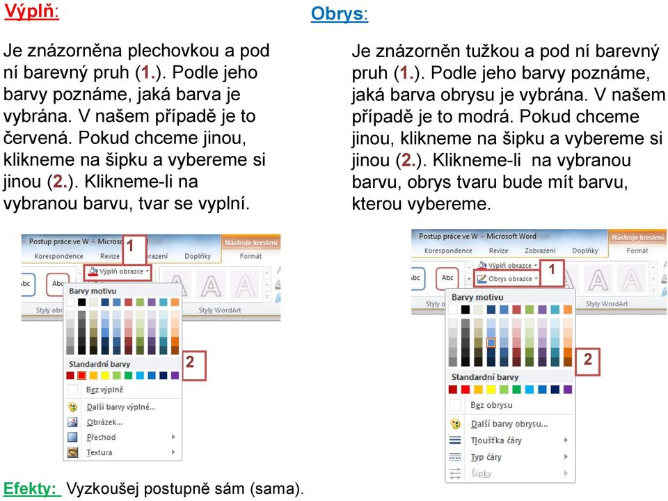 Obrys: Je znázorněn tužkou a pod ní barevný pruh (.). Podle jeho barvy poznáme, jaká barva obrysu je vybrána. V našem případě je to modrá.