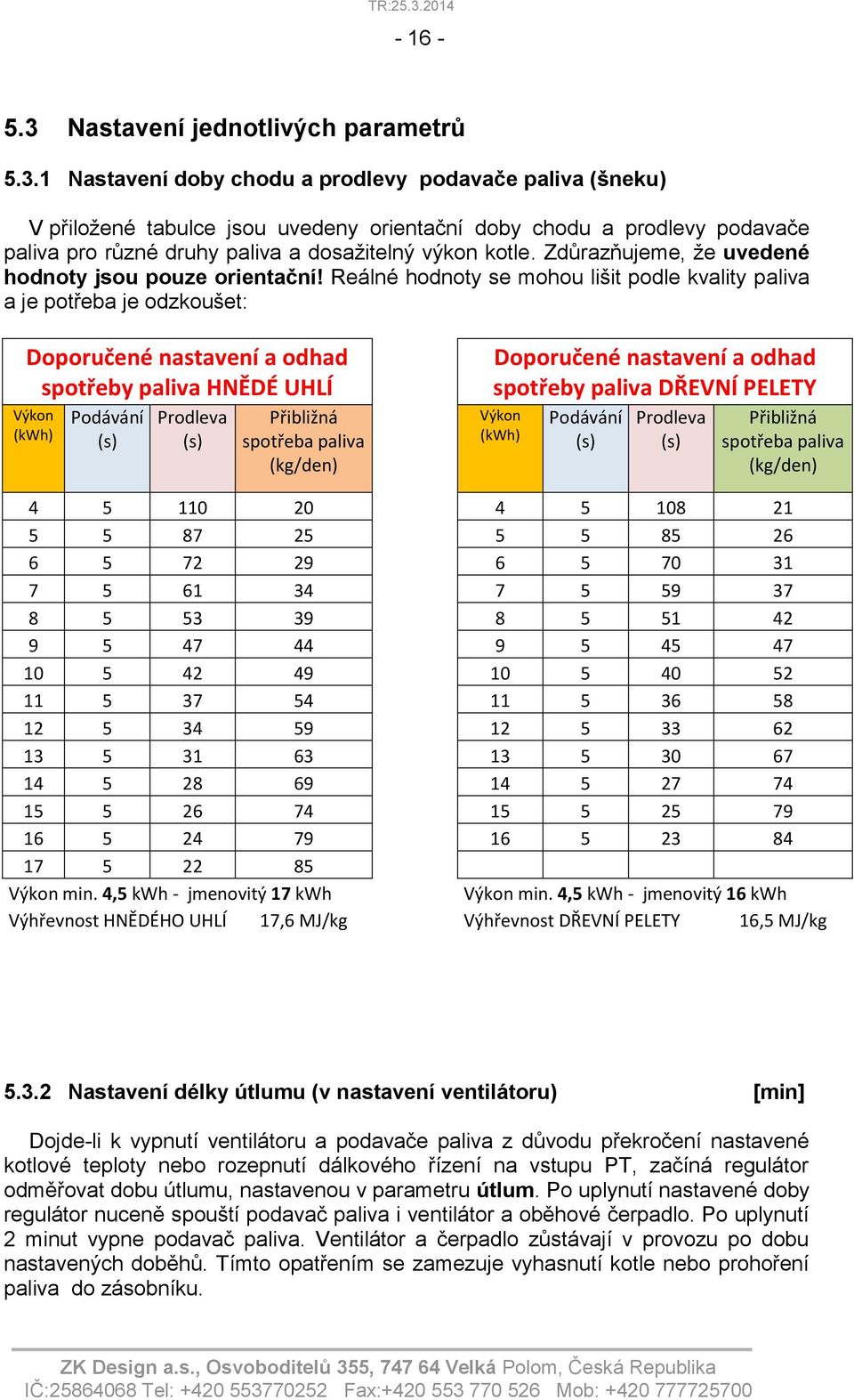 Reálné hodnoty se mohou lišit podle kvality paliva a je potřeba je odzkoušet: Doporučené nastavení a odhad spotřeby paliva HNĚDÉ UHLÍ Výkon (kwh) Podávání (s) Prodleva (s) Přibližná spotřeba paliva