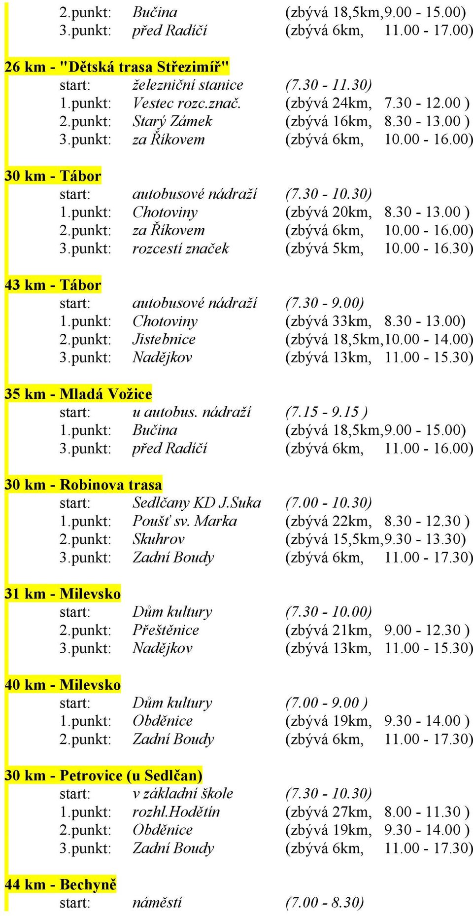 punkt: za Říkovem (zbývá 6km, 10.00-16.00) 3.punkt: rozcestí značek (zbývá 5km, 10.00-16.30) 43 km - Tábor start: autobusové nádraží (7.30-9.00) 1.punkt: Chotoviny (zbývá 33km, 8.30-13.00) 2.