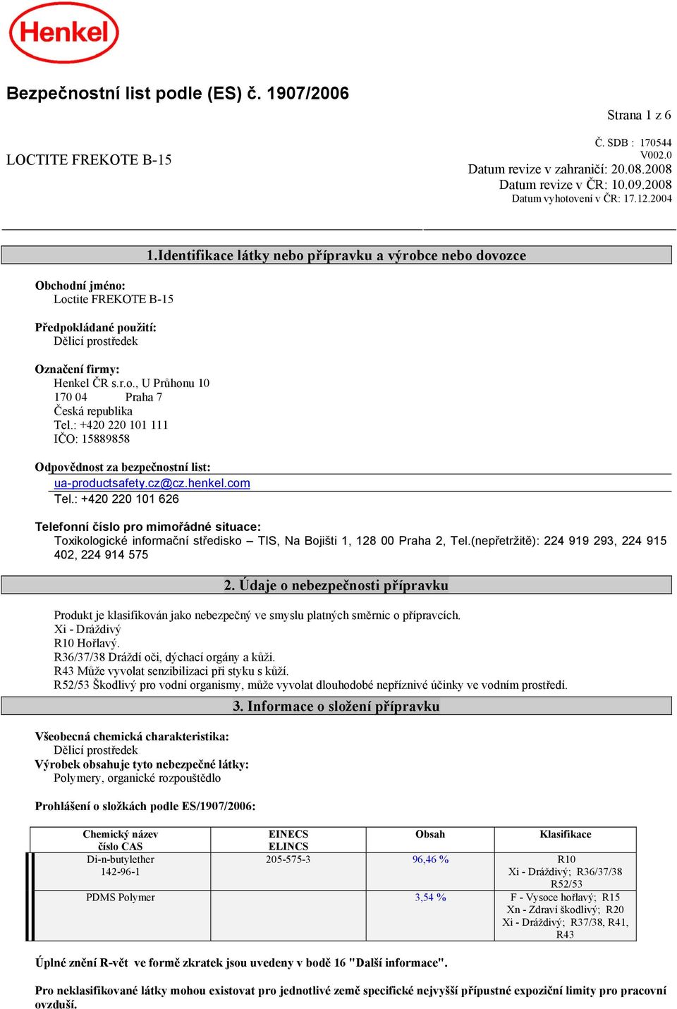 : +420 220 101 111 IČO: 15889858 Odpovědnost za bezpečnostní list: ua-productsafety.cz@cz.henkel.com Tel.: +420 220 101 626 1.