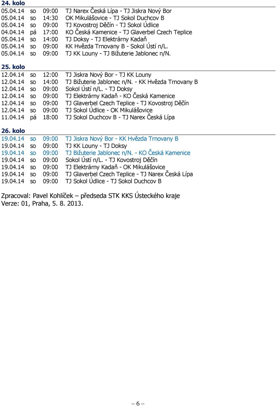 04.14 so 14:00 TJ Bižuterie Jablonec n/n. - KK Hvězda Trnovany B 12.04.14 so 09:00 Sokol Ústí n/l. - TJ Doksy 12.04.14 so 09:00 TJ Elektrárny Kadaň - KO Česká Kamenice 12.04.14 so 09:00 TJ Glaverbel Czech Teplice - TJ Kovostroj Děčín 12.