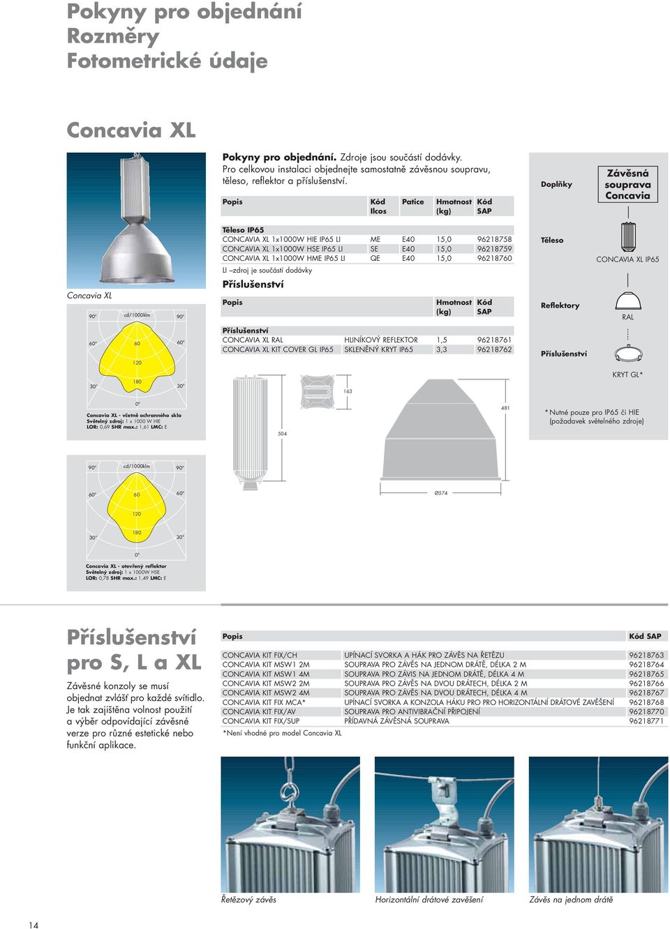 Popis Kód Patice Hmotnost Kód Ilcos (kg) SAP Doplňky Závěsná souprava Concavia Těleso IP65 CONCAVIA XL 1x1000W HIE IP65 LI ME E40 15,0 96218758 CONCAVIA XL 1x1000W HSE IP65 LI SE E40 15,0 96218759