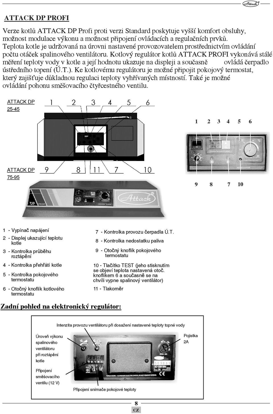 Kotlový regulátor kotlů ATTACK PROFI vykonává stálé měření teploty vody v kotle a její hodnotu ukazuje na displeji a současně ovládá čerpadlo ústředního topení (Ú.T.).
