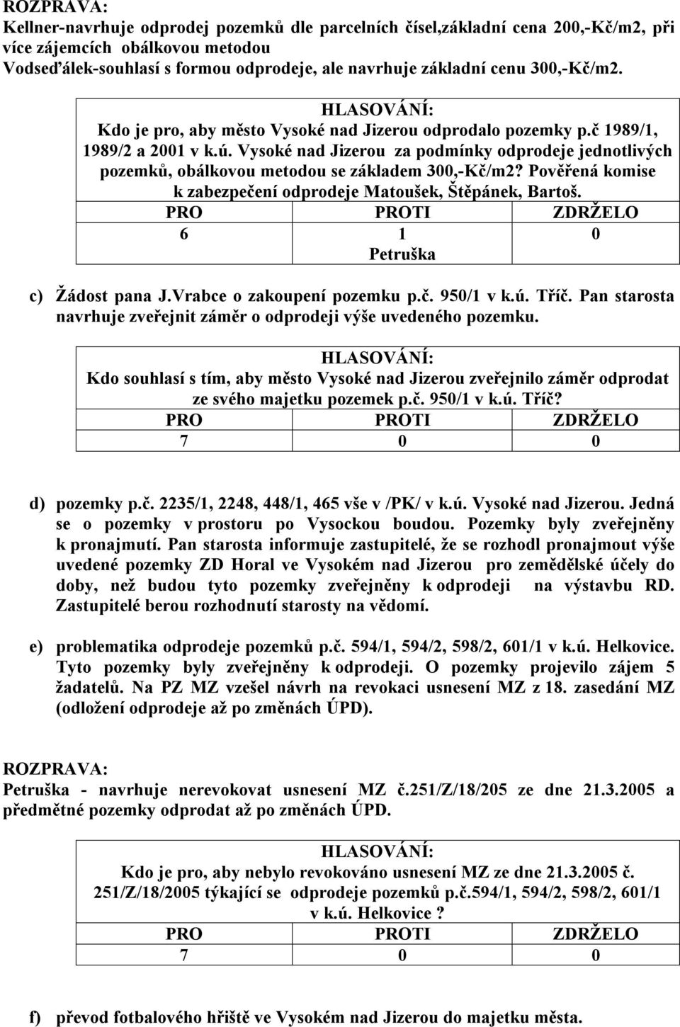 Pověřená komise k zabezpečení odprodeje Matoušek, Štěpánek, Bartoš. 6 1 Petruška 0 c) Žádost pana J.Vrabce o zakoupení pozemku p.č. 950/1 v k.ú. Tříč.