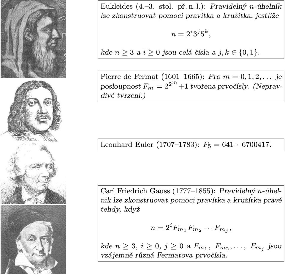 Pierre de Fermat (1601 1665): Pro m = 0, 1, 2,... je posloupnost F m = 2 2m +1 tvořena prvočísly. (Nepravdivé tvrzení.