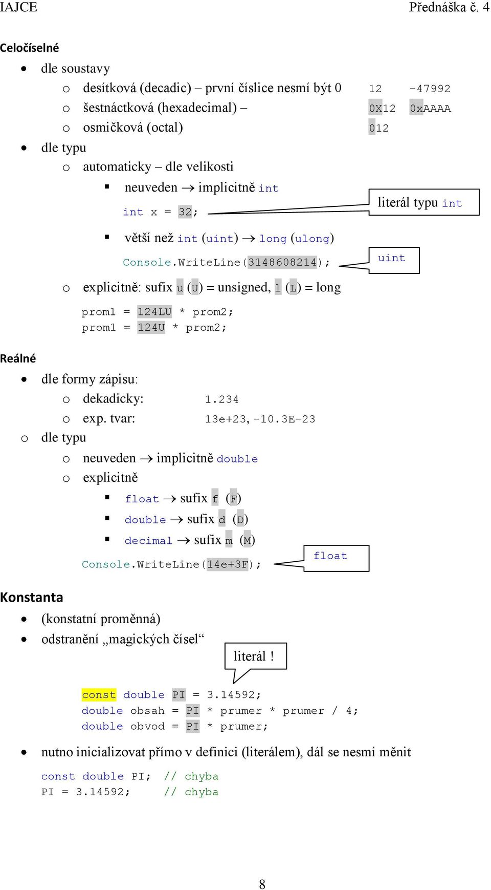 WriteLine(3148608214); uint Reálné o explicitně: sufix u (U) = unsigned, l (L) = long prom1 = 124LU * prom2; prom1 = 124U * prom2; dle formy zápisu: o dekadicky: 1.234 o exp.