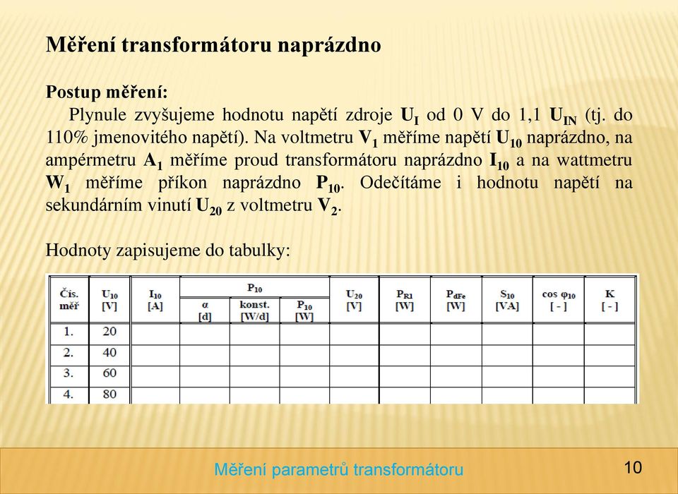 Na voltmetru V 1 měříme napětí U 10 naprázdno, na ampérmetru A 1 měříme proud transformátoru