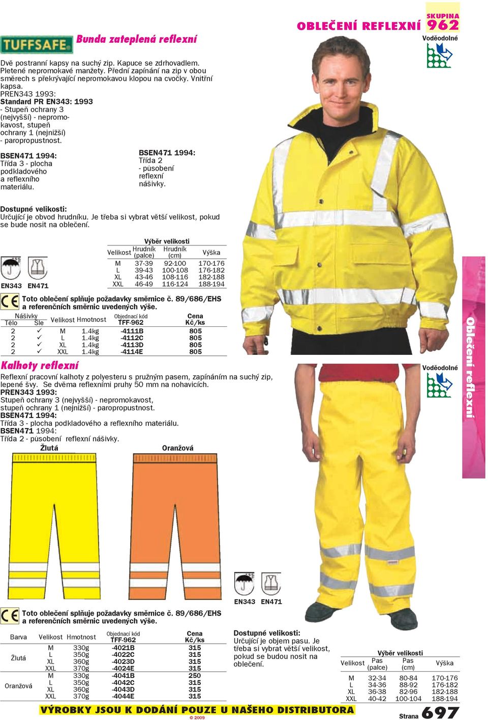 PREN343 1993: Standard PR EN343: 1993 - Stupeň ochrany 3 (nejvyšší) - nepromokavost, stupeň ochrany 1 (nejnižší) - paropropustnost. BSEN471 1994: Třída 3 - plocha podkladového a reflexního materiálu.