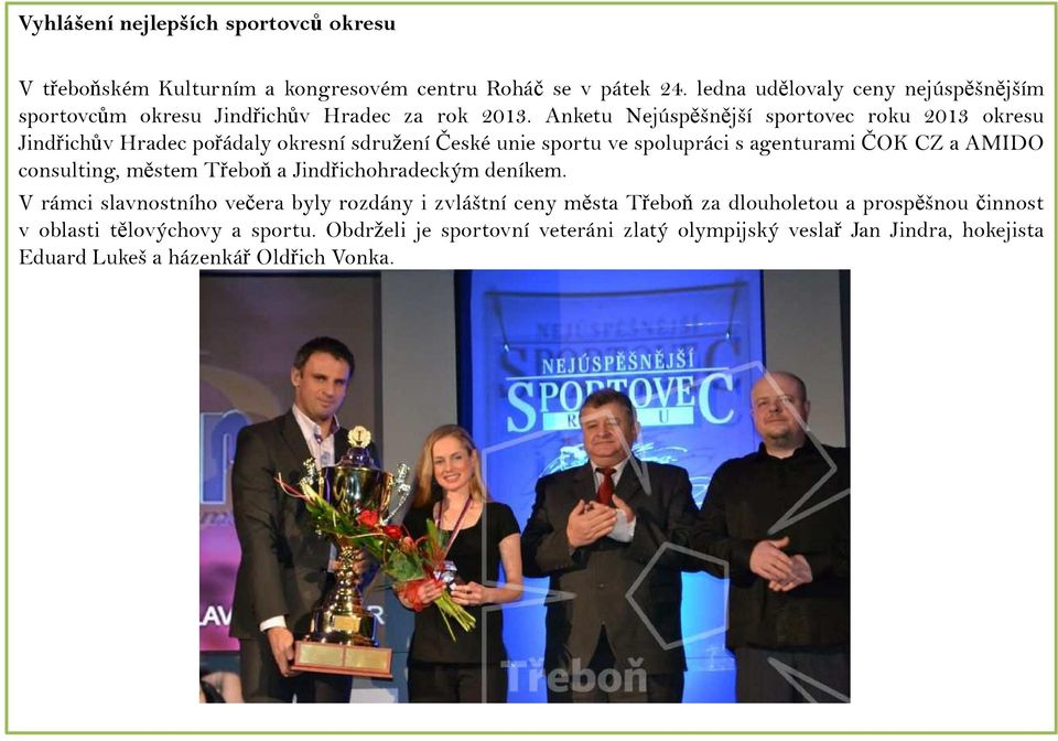 Anketu Nejúspěšnější sportovec roku 2013 okresu Jindřichův Hradec pořádaly okresní sdružení České unie sportu ve spolupráci s agenturami ČOK CZ a AMIDO