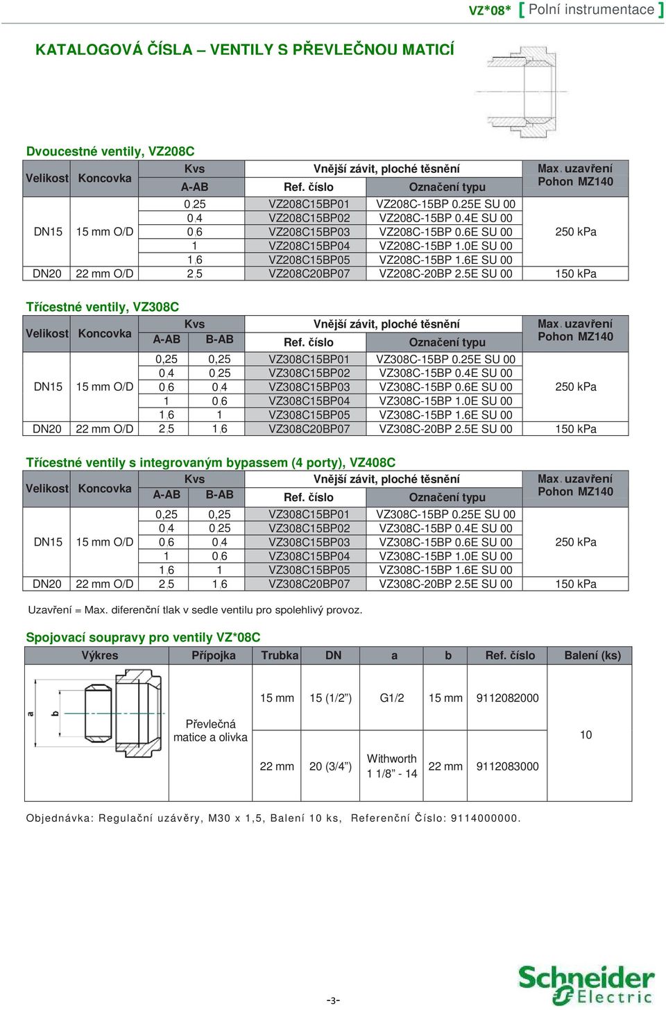 5E SU 00 150 kpa Třícestné ventily, VZ308C Velikost Koncovka A-AB B-AB Ref. číslo Označení typu 0,25 0,25 VZ308C15BP01 VZ308C-15BP 0.25E SU 00 0,4 0,25 VZ308C15BP02 VZ308C-15BP 0.