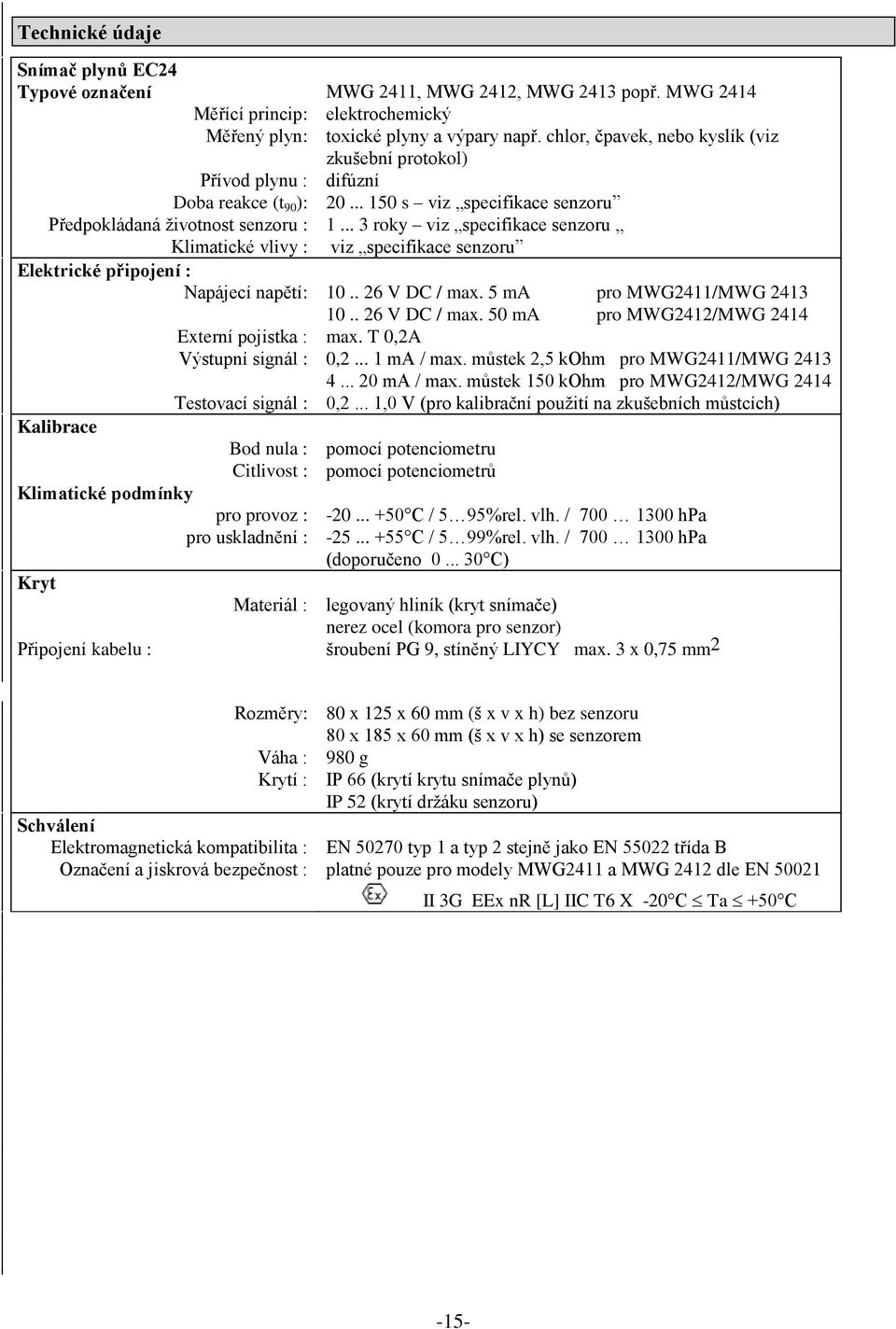 .. 3 roky viz specifikace senzoru Klimatické vlivy : viz specifikace senzoru Elektrické připojení : Napájecí napětí: 10.. 26 V DC / max. 5 ma pro MWG2411/MWG 2413 10.. 26 V DC / max. 50 ma pro MWG2412/MWG 2414 Externí pojistka : max.