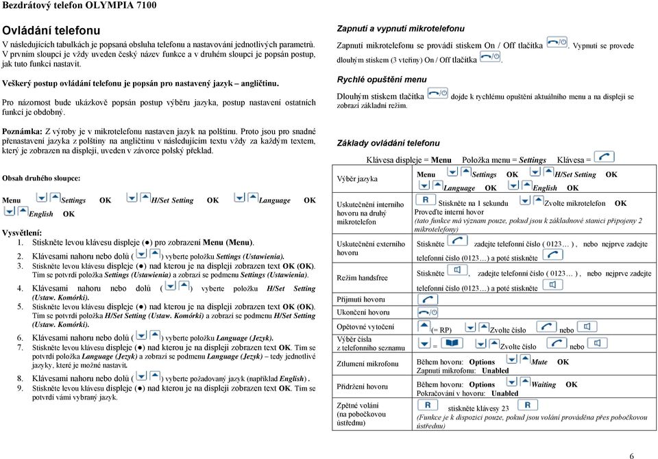 Pro názornost bude ukázkově popsán postup výběru jazyka, postup nastavení ostatních funkcí je obdobný. Poznámka: Z výroby je v mikrotelefonu nastaven jazyk na polštinu.