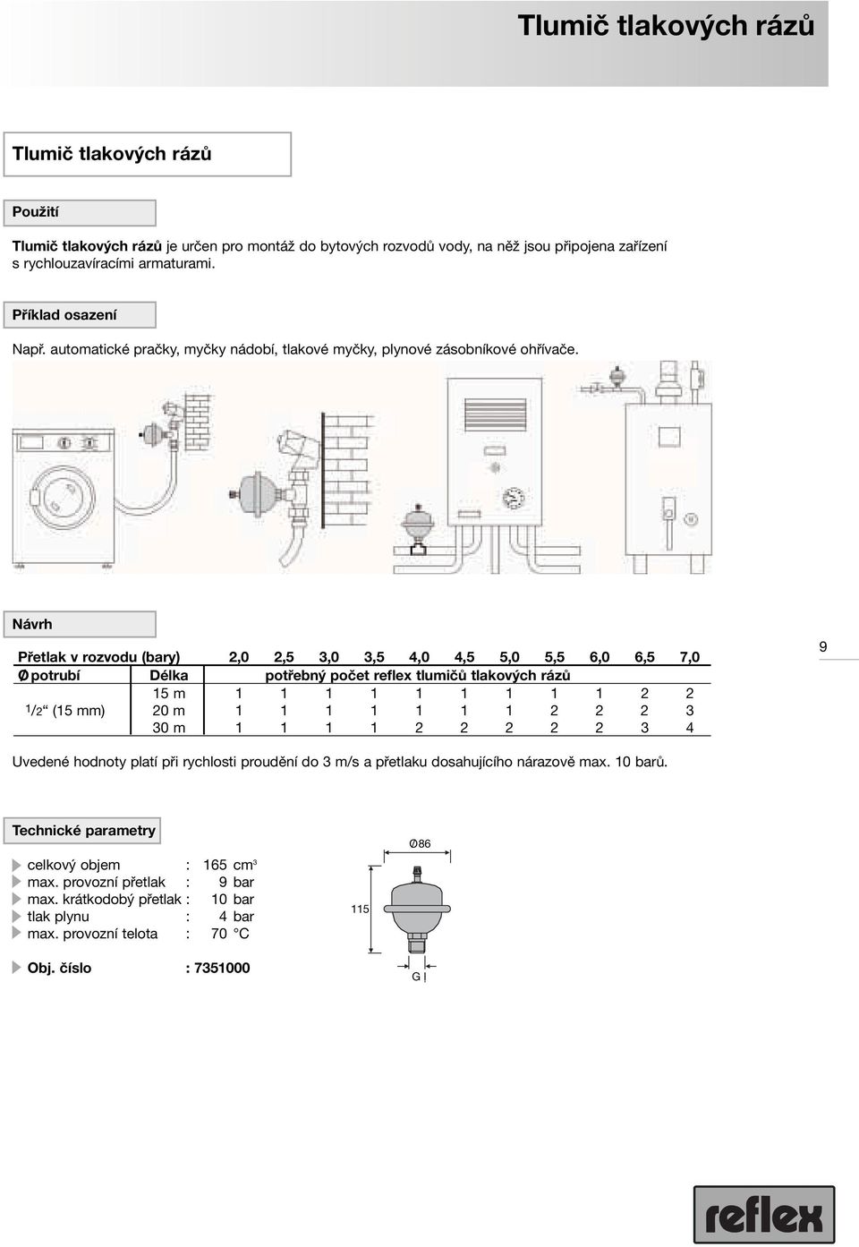 Návrh Přetlak v rozvodu (bary) 2,0 2,5 3,0 3,5 4,0 4,5 5,0 5,5 6,0 6,5 7,0 O/ potrubí Délka potřebný počet reflex tlumičů tlakových rázů 15 m 1 1 1 1 1 1 1 1 1 2 2 1/2 (15 mm) 20 m 1 1 1 1 1 1 1 2 2