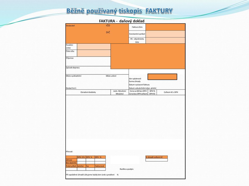 Množství Množství den splatnosti forma úhrady Datum vystavení faktury Datum uskutečnění zdan.