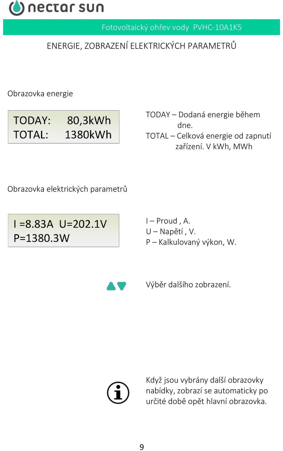 V kwh, MWh Obrazovka elektrických parametrů I Proud, A. U Napětí, V.