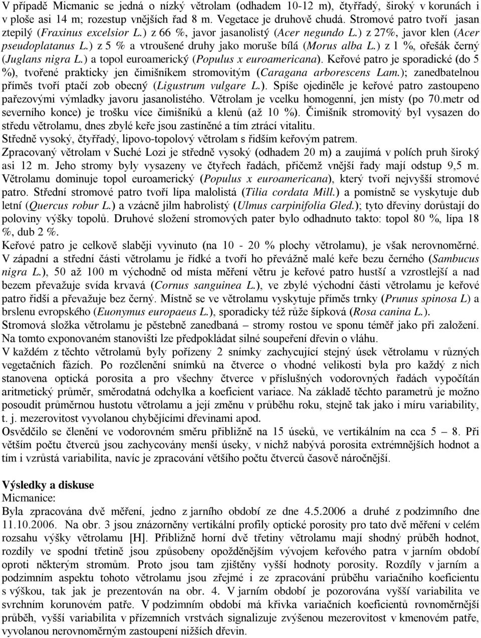 ) z 5 % a vtroušené druhy jako moruše bílá (Morus alba L.) z 1 %, ořešák černý (Juglans nigra L.) a topol euroamerický (Populus x euroamericana).
