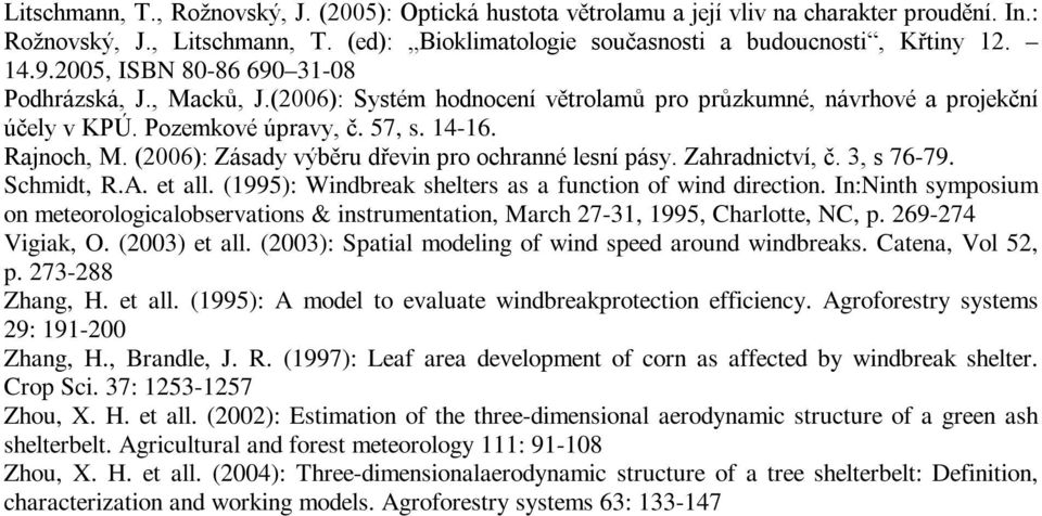 (2006): Zásady výběru dřevin pro ochranné lesní pásy. Zahradnictví, č. 3, s 76-79. Schmidt, R.A. et all. (1995): Windbreak shelters as a function of wind direction.
