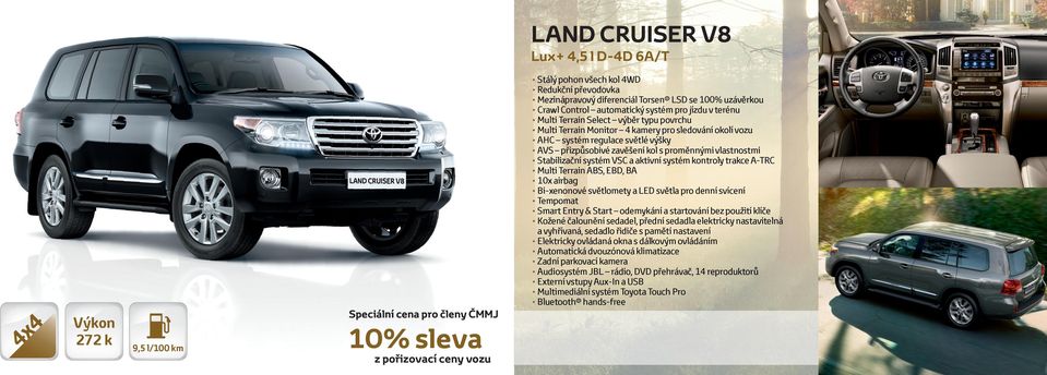 VSC a aktivní systém kontroly trakce A-TRC Multi Terrain ABS, EBD, BA 10x airbag Bi-xenonové světlomety a LED světla pro denní svícení Tempomat Smart Entry & Start odemykání a startování bez použití
