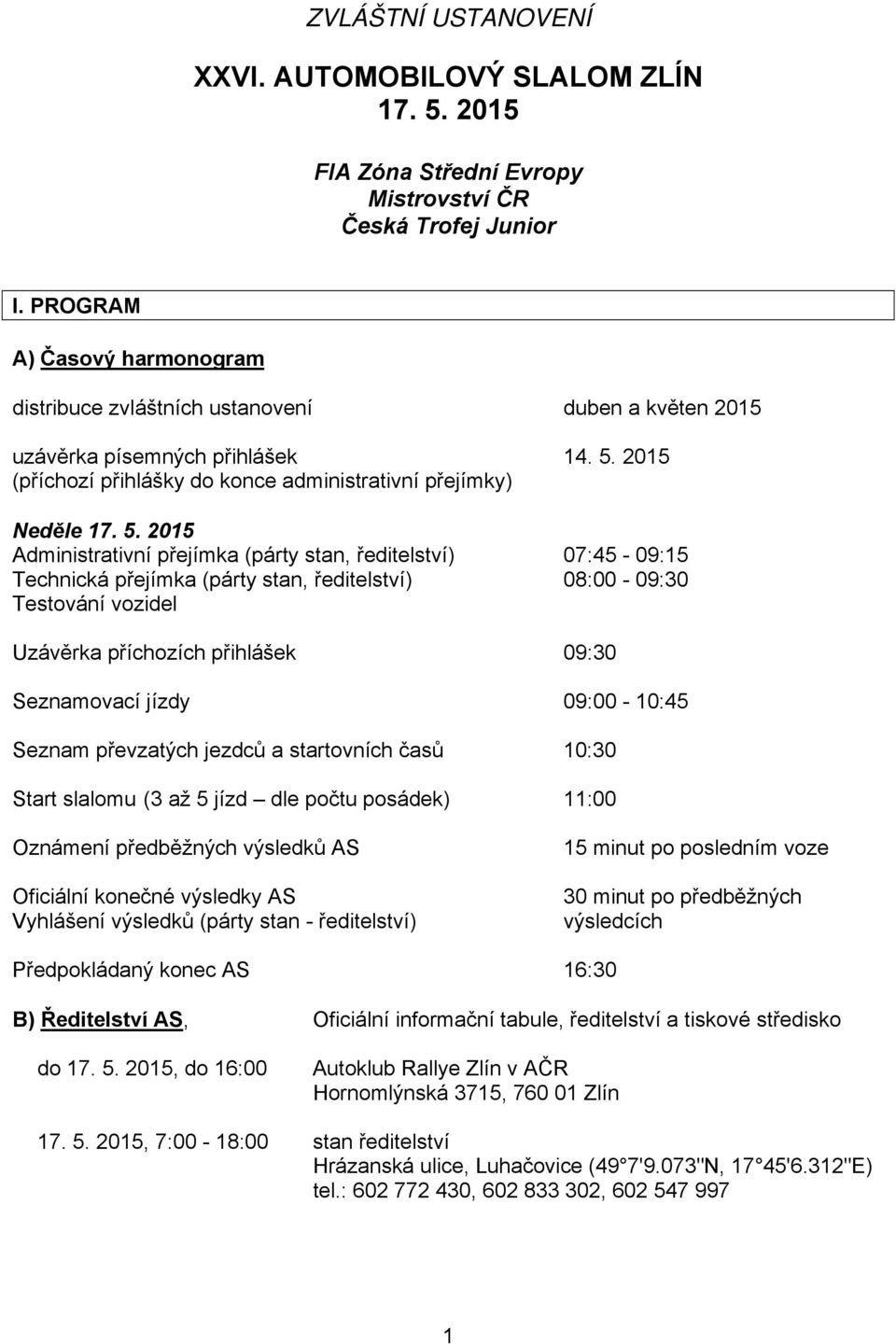 2015 (příchozí přihlášky do konce administrativní přejímky) Neděle 17. 5.