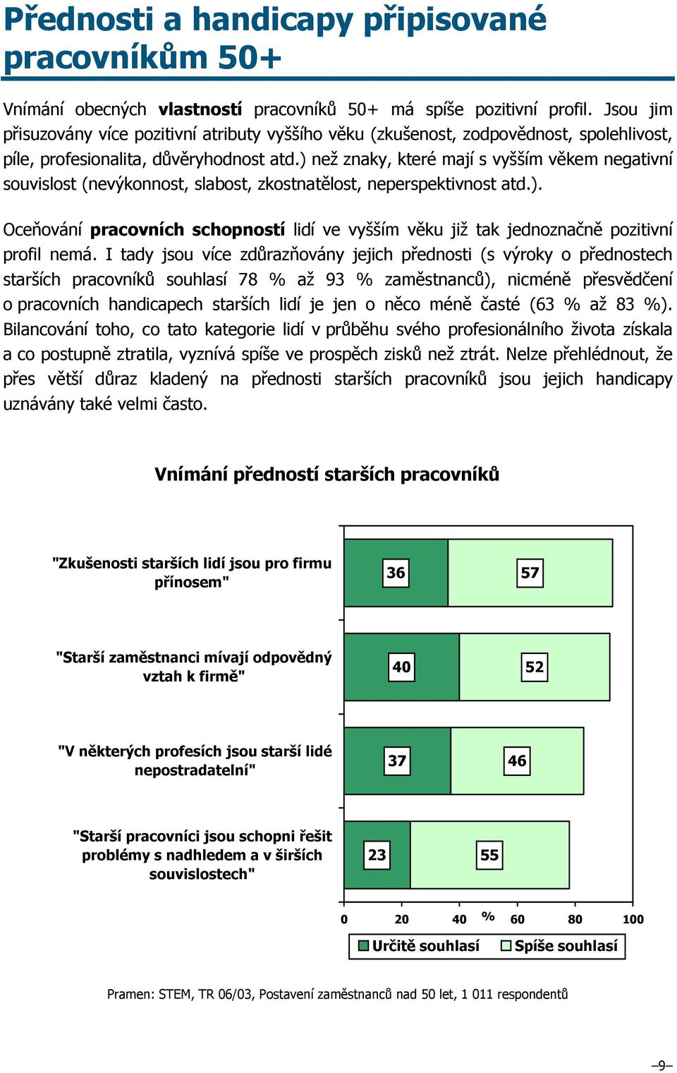 ) než znaky, které mají s vyšším věkem negativní souvislost (nevýkonnost, slabost, zkostnatělost, neperspektivnost atd.). Oceňování pracovních schopností lidí ve vyšším věku již tak jednoznačně pozitivní profil nemá.