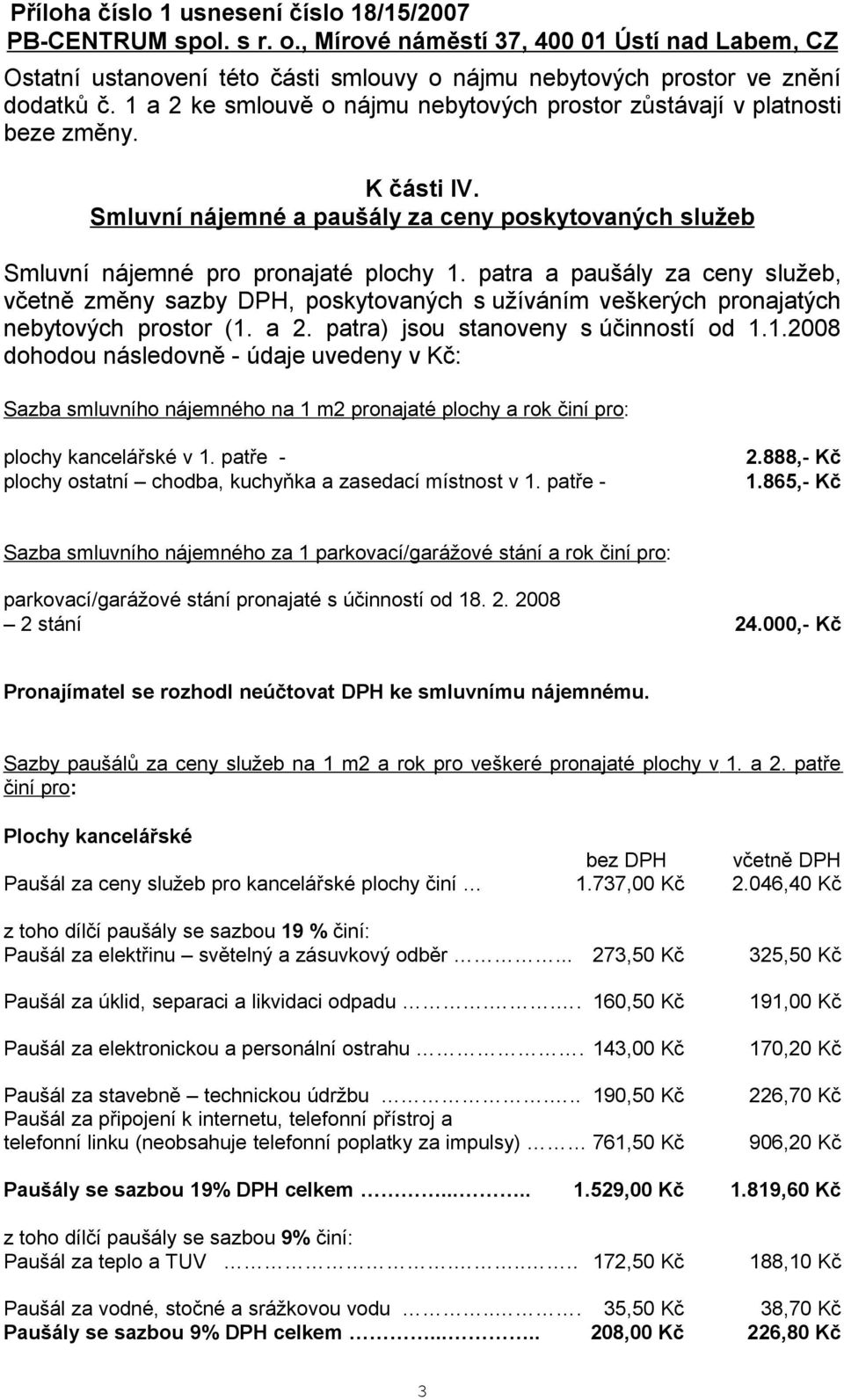 patra a paušály za ceny služeb, včetně změny sazby DPH, poskytovaných s užíváním veškerých pronajatých nebytových prostor (1.