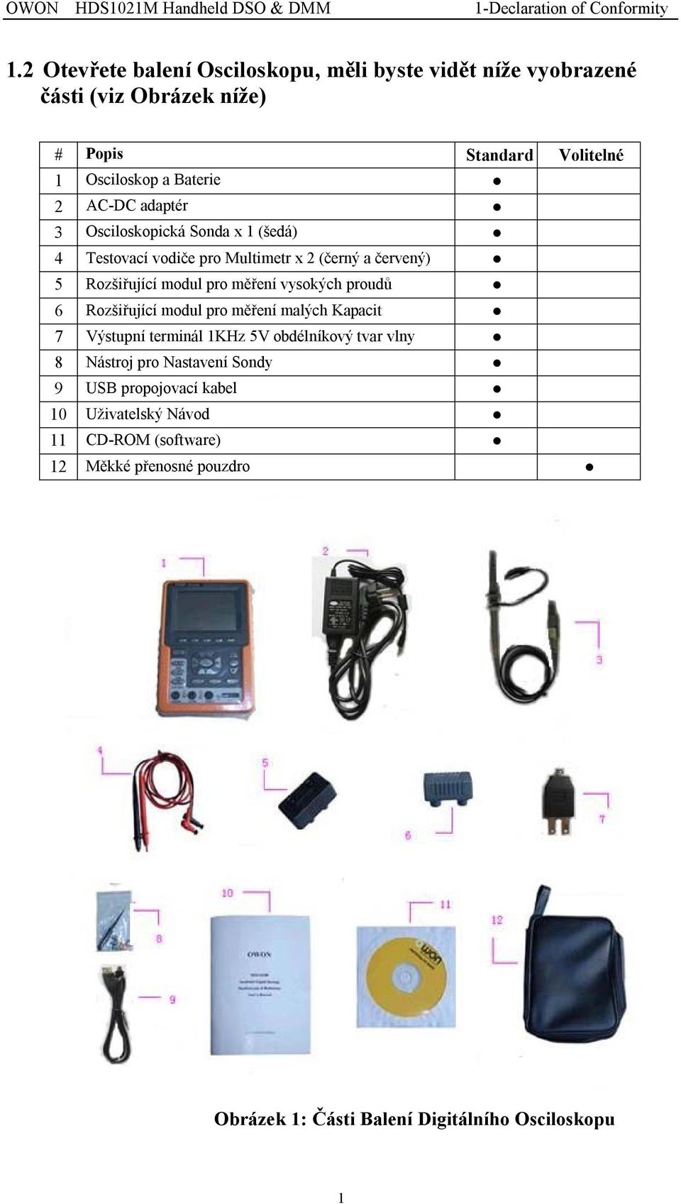 adaptér 3 Osciloskopická Sonda x 1 (šedá) 4 Testovací vodiče pro Multimetr x 2 (černý a červený) 5 Rozšiřující modul pro měření vysokých proudů 6