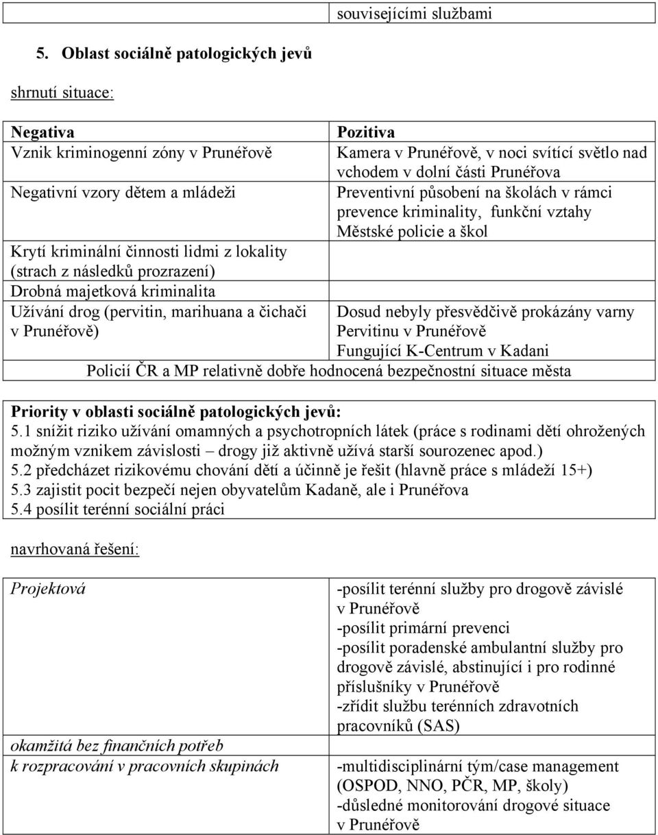 Užívání drog (pervitin, marihuana a čichači ) Kamera, v noci svítící světlo nad vchodem v dolní části Prunéřova Preventivní působení na školách v rámci prevence kriminality, funkční vztahy Městské
