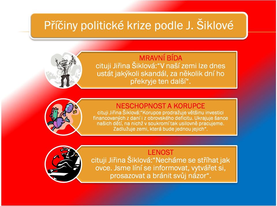 NESCHOPNOST A KORUPCE cituji Jiřina Šiklová: Korupce prodražuje většinu investici financovaných z daní i z obrovského deficitu.