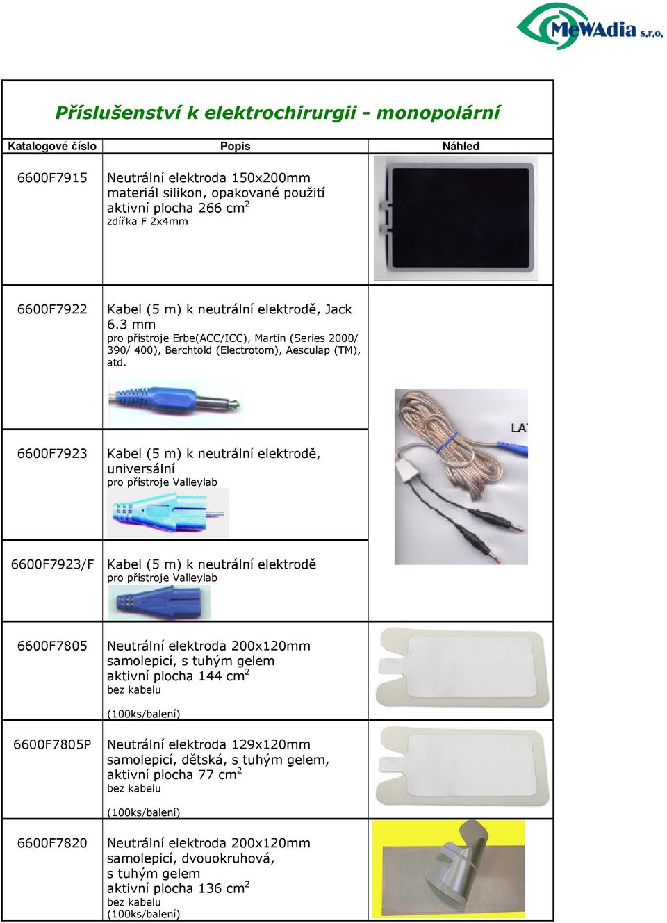 6600F7923 Kabel (5 m) k neutrální elektrodě, universální 6600F7923/F Kabel (5 m) k neutrální elektrodě 6600F7805 Neutrální elektroda 200x120mm samolepicí, s tuhým