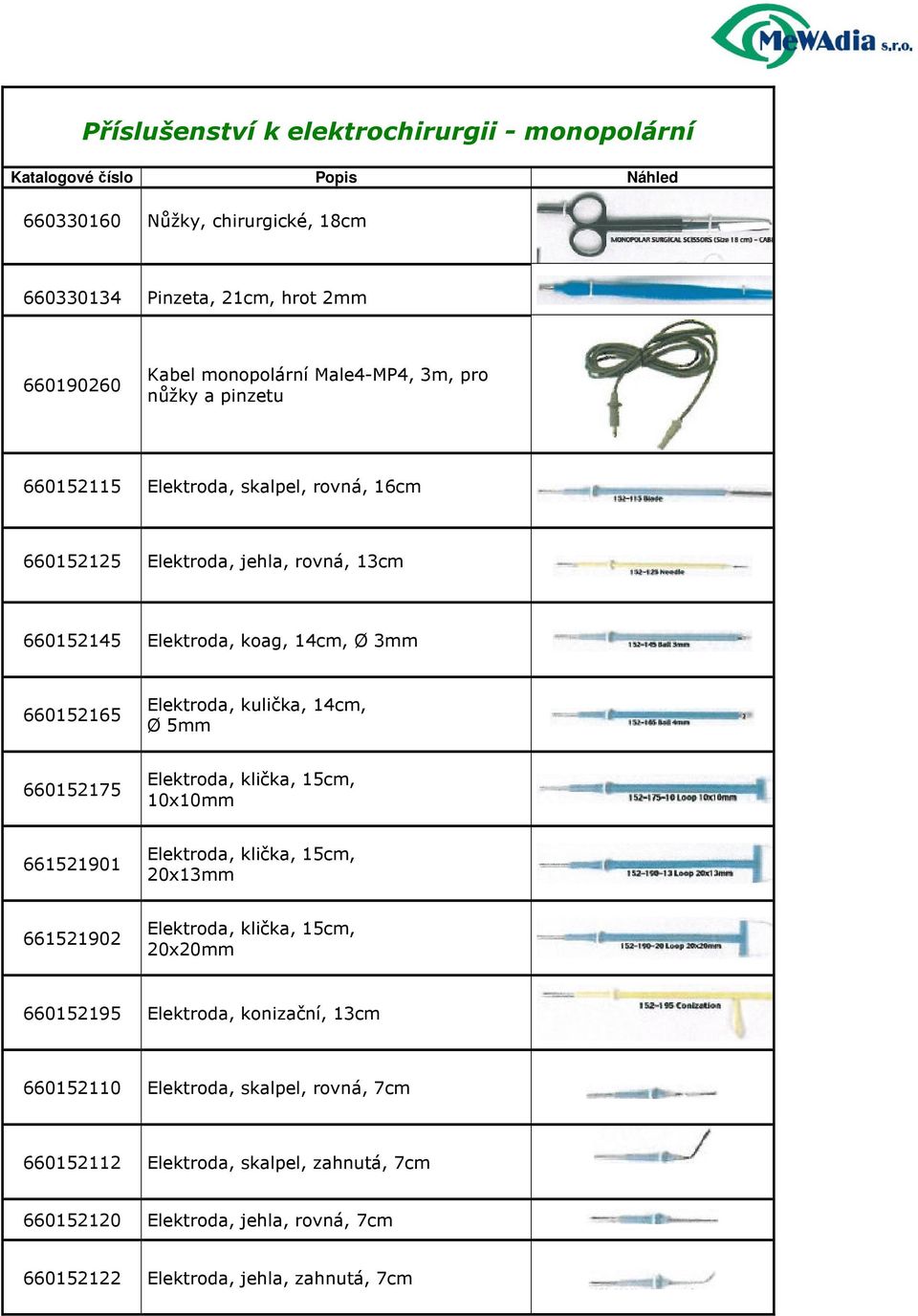 Elektroda, klička, 15cm, 10x10mm 661521901 Elektroda, klička, 15cm, 20x13mm 661521902 Elektroda, klička, 15cm, 20x20mm 660152195 Elektroda, konizační, 13cm