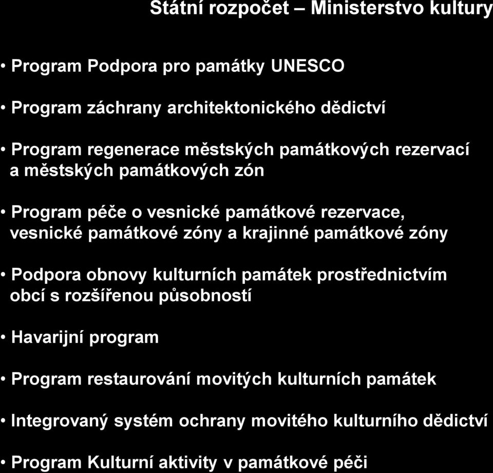 památkové zóny a krajinné památkové zóny Podpora obnovy kulturních památek prostřednictvím obcí s rozšířenou působností Havarijní