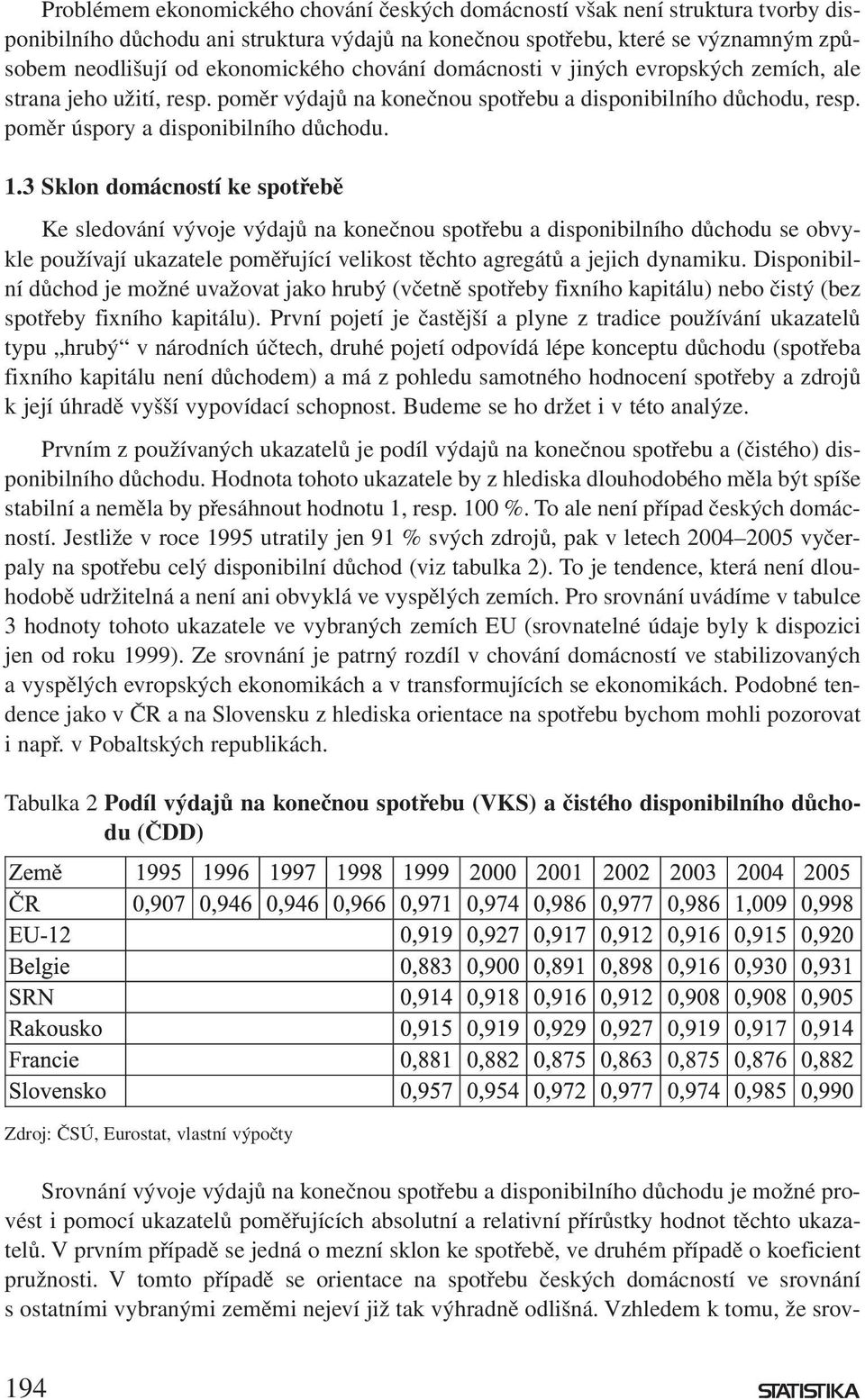 3 Sklon domácností ke spotřebě Ke sledování vývoje výdajů na konečnou spotřebu a disponibilního důchodu se obvykle používají ukazatele poměřující velikost těchto agregátů a jejich dynamiku.