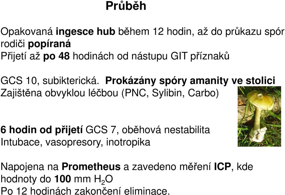 Prokázány spóry amanity ve stolici Zajištěna obvyklou léčbou (PNC, Sylibin, Carbo) 6 hodin od přijetí GCS