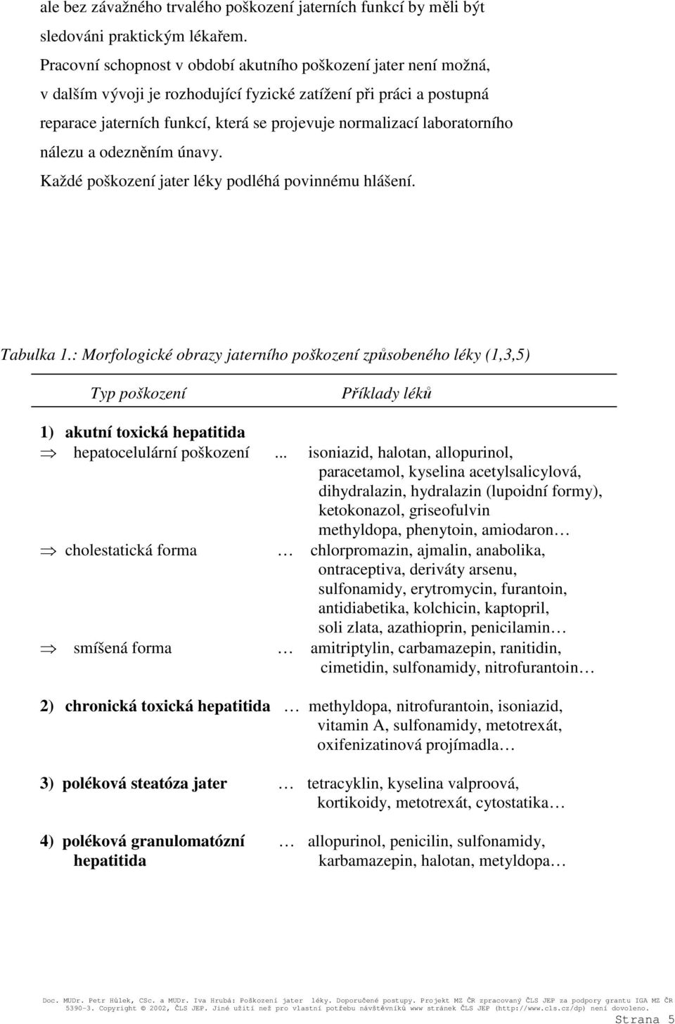 laboratorního nálezu a odezněním únavy. Každé poškození jater léky podléhá povinnému hlášení. Tabulka 1.