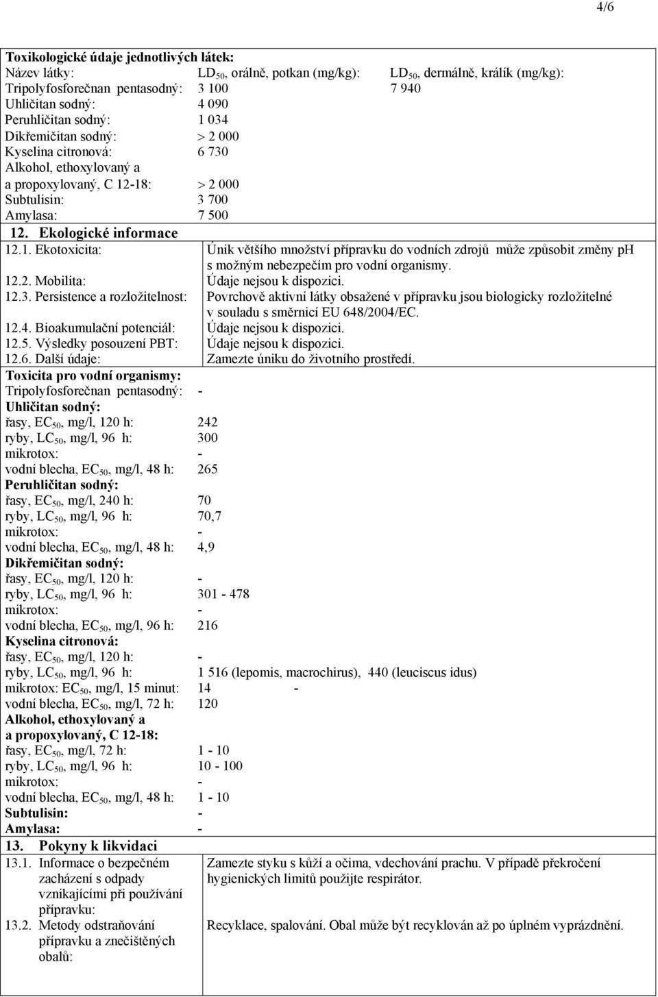 2. Mobilita: 12.3. Persistence a rozložitelnost: 12.4. Bioakumulační potenciál: 12.5. Výsledky posouzení PBT: 12.6.