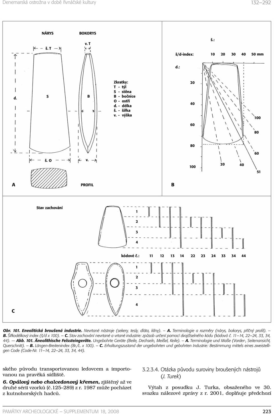 Nevrtané nástroje (sekery, tesly, dláta, klíny). A. Terminologie a rozměry (nárys, bokorys, příčný profil). B. Šířkodélkový index (š/d x 100). C.