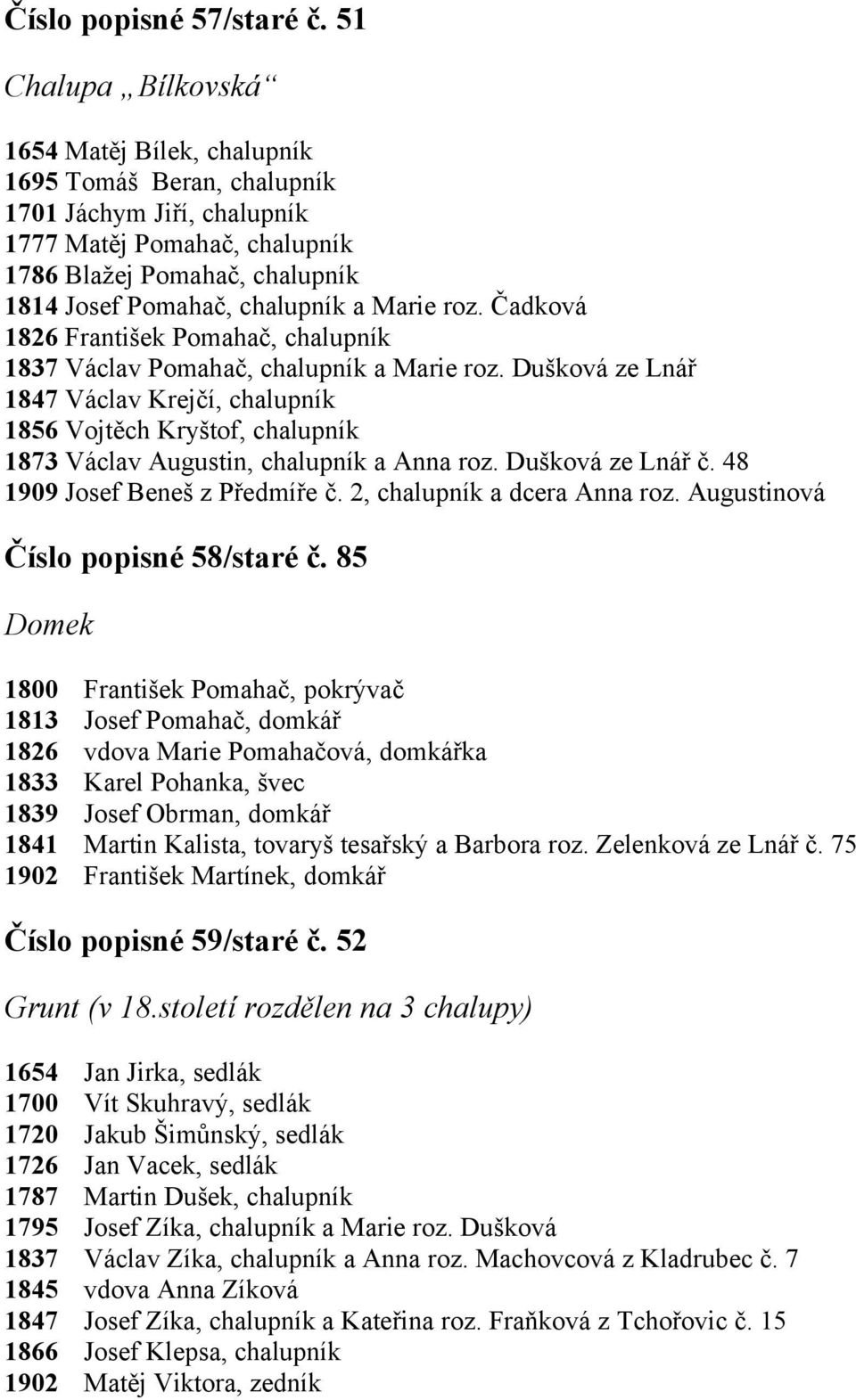 roz. Čadková František Pomahač, chalupník Václav Pomahač, chalupník a Marie roz. Dušková ze Lnář 1847 Václav Krejčí, chalupník 1856 Vojtěch Kryštof, chalupník Václav Augustin, chalupník a Anna roz.