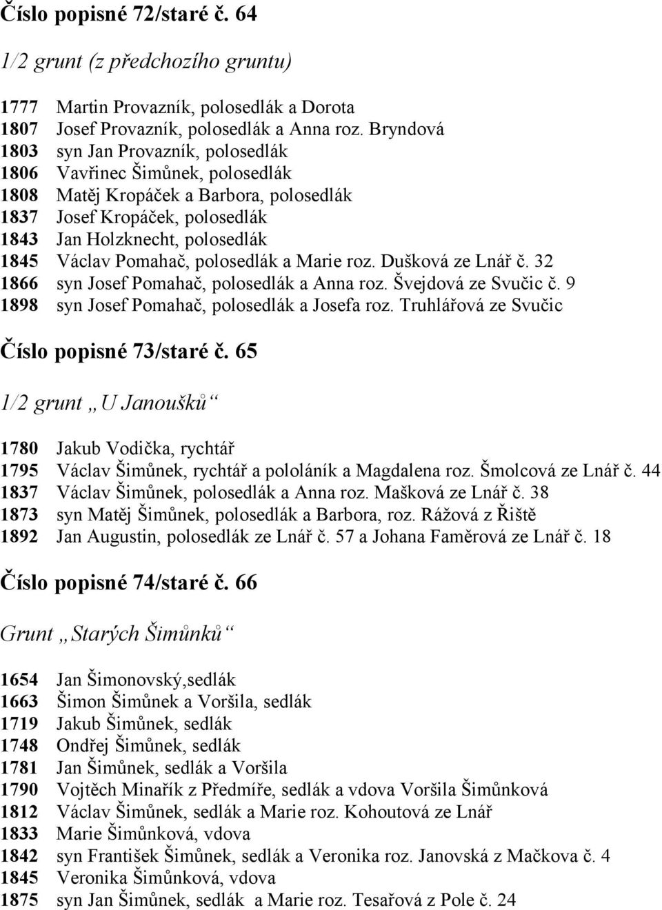 Dušková ze Lnář č. 32 syn Josef Pomahač, polosedlák a Anna roz. Švejdová ze Svučic č. 9 syn Josef Pomahač, polosedlák a Josefa roz. Truhlářová ze Svučic Číslo popisné 73/staré č.