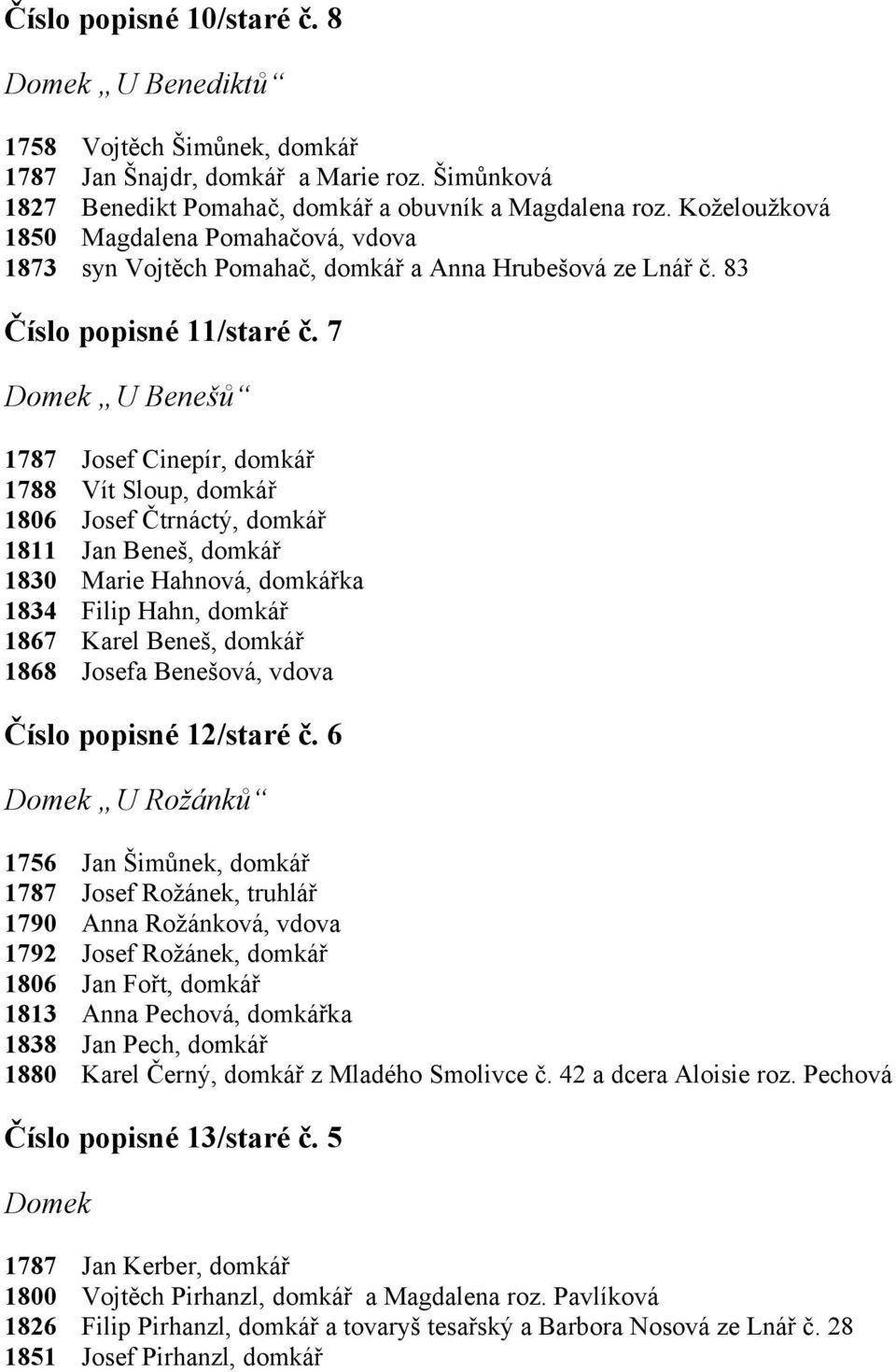 7 U Benešů 1788 1806 1811 1830 1834 1867 1868 Josef Cinepír, domkář Vít Sloup, domkář Josef Čtrnáctý, domkář Jan Beneš, domkář Marie Hahnová, domkářka Filip Hahn, domkář Karel Beneš, domkář Josefa