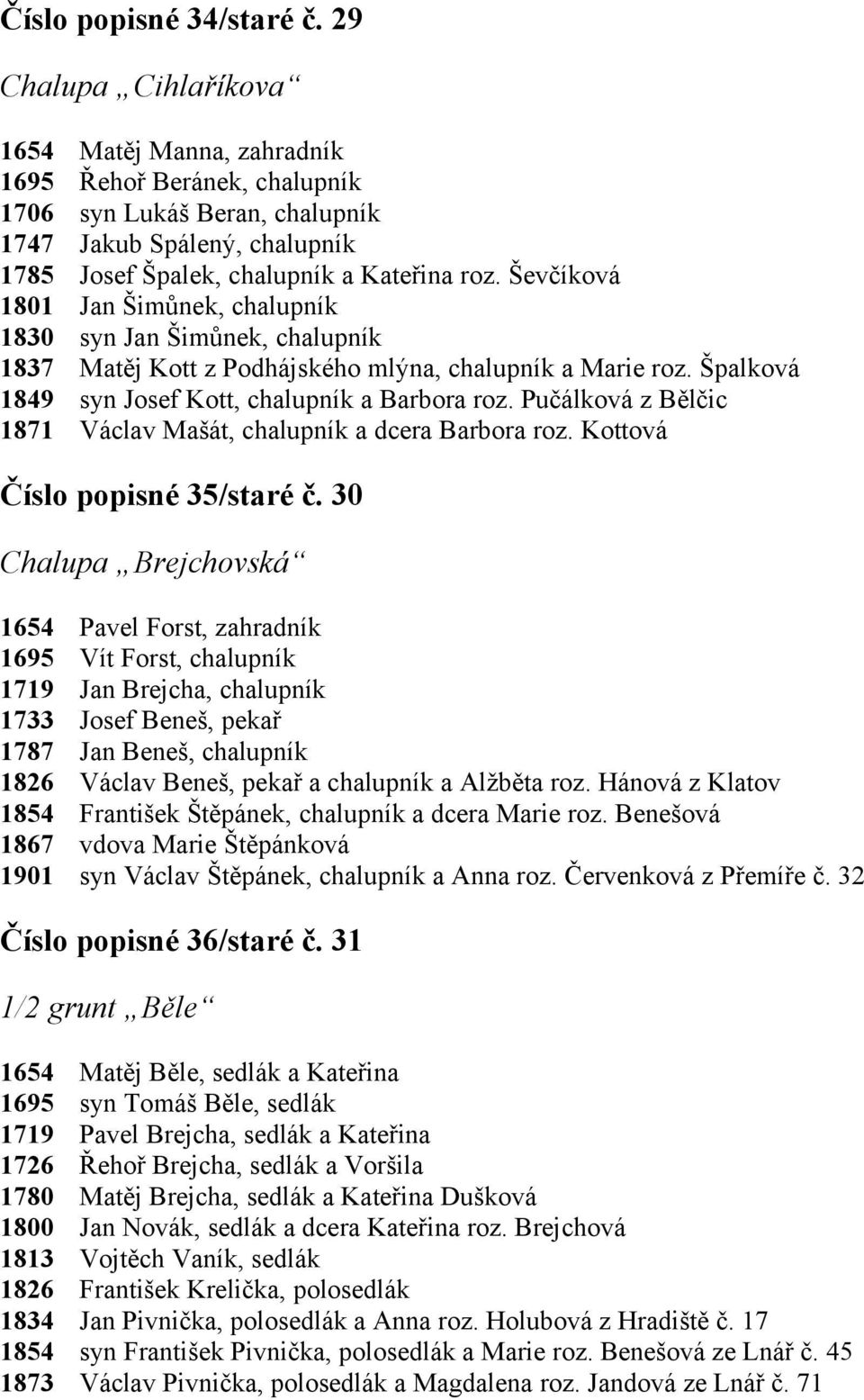 roz. Ševčíková Jan Šimůnek, chalupník syn Jan Šimůnek, chalupník Matěj Kott z Podhájského mlýna, chalupník a Marie roz. Špalková syn Josef Kott, chalupník a Barbora roz.