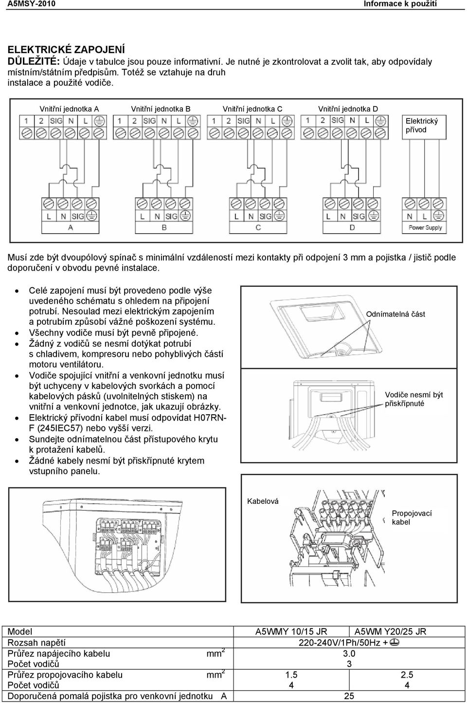 Vnitřní jednotka A Vnitřní jednotka B Vnitřní jednotka C Vnitřní jednotka D Elektrický přívod Musí zde být dvoupólový spínač s minimální vzdáleností mezi kontakty při odpojení 3 mm a pojistka /