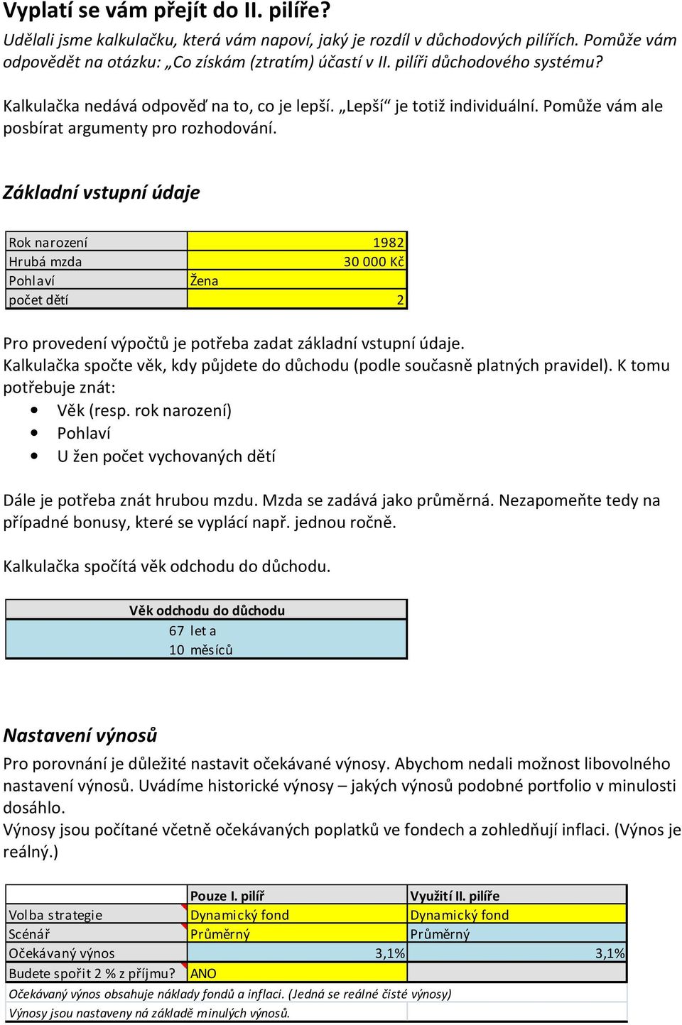 Základní vstupní údaje Rok narození 1982 Hrubá mzda 30 000 Kč Pohlaví Žena počet dětí 2 Pro provedení výpočtů je potřeba zadat základní vstupní údaje.