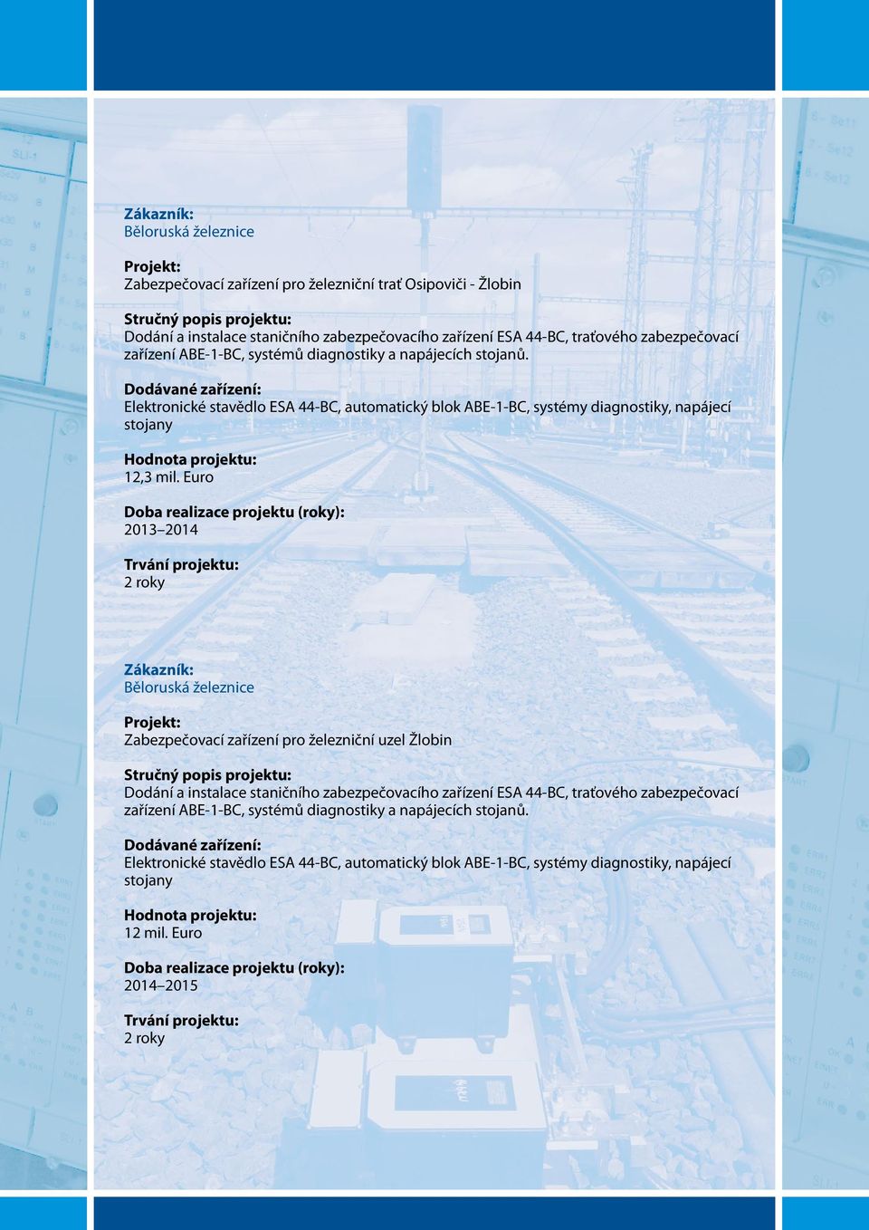 Euro 2013 2014 2 roky Běloruská železnice Zabezpečovací zařízení pro železniční uzel Žlobin Dodání a instalace staničního zabezpečovacího zařízení ESA 44-BC, traťového