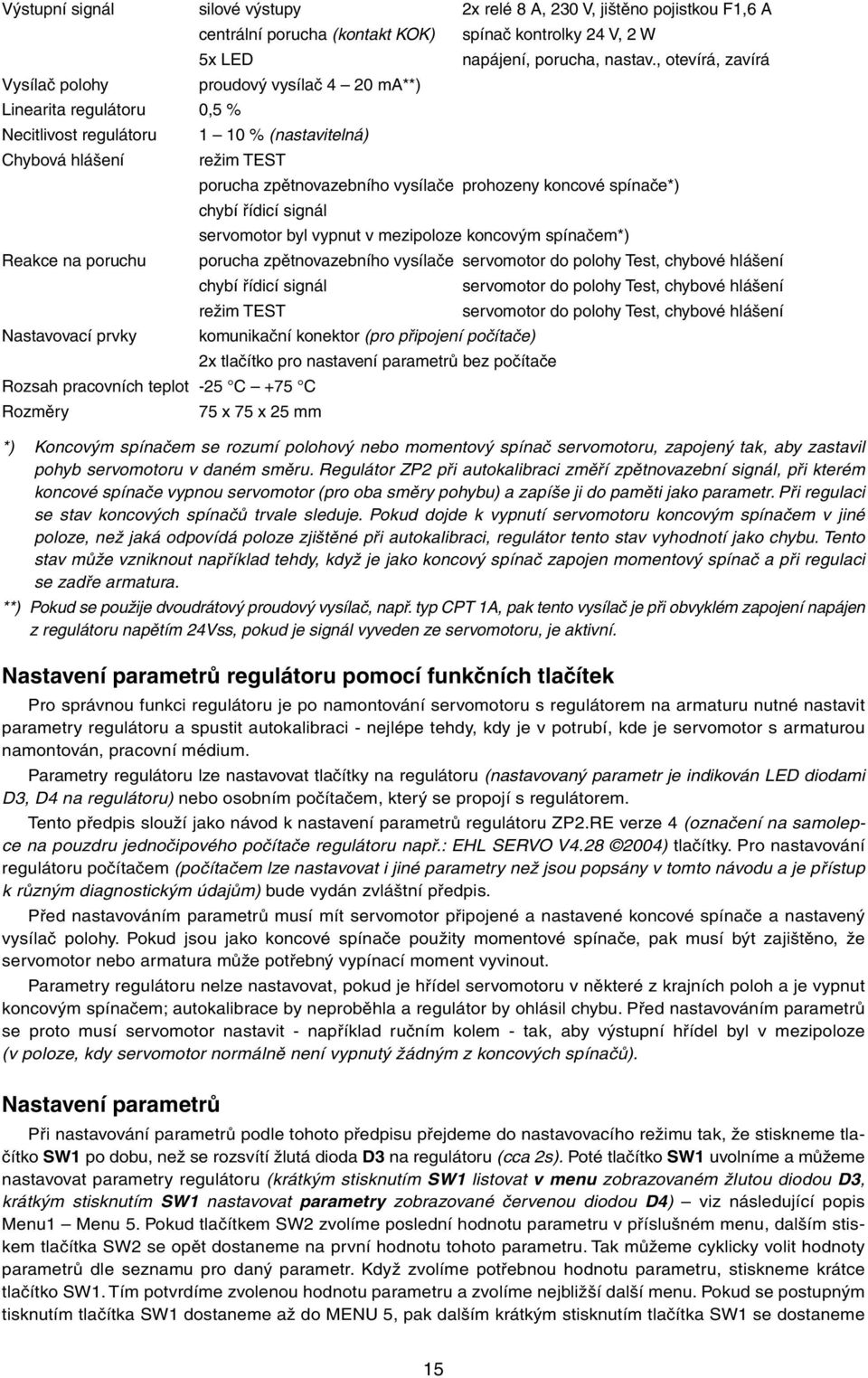 , otevírá, zavírá porucha zpětnovazebního vysílače prohozeny koncové spínače*) chybí řídicí signál servomotor byl vypnut v mezipoloze koncovým spínačem*) porucha zpětnovazebního vysílače servomotor