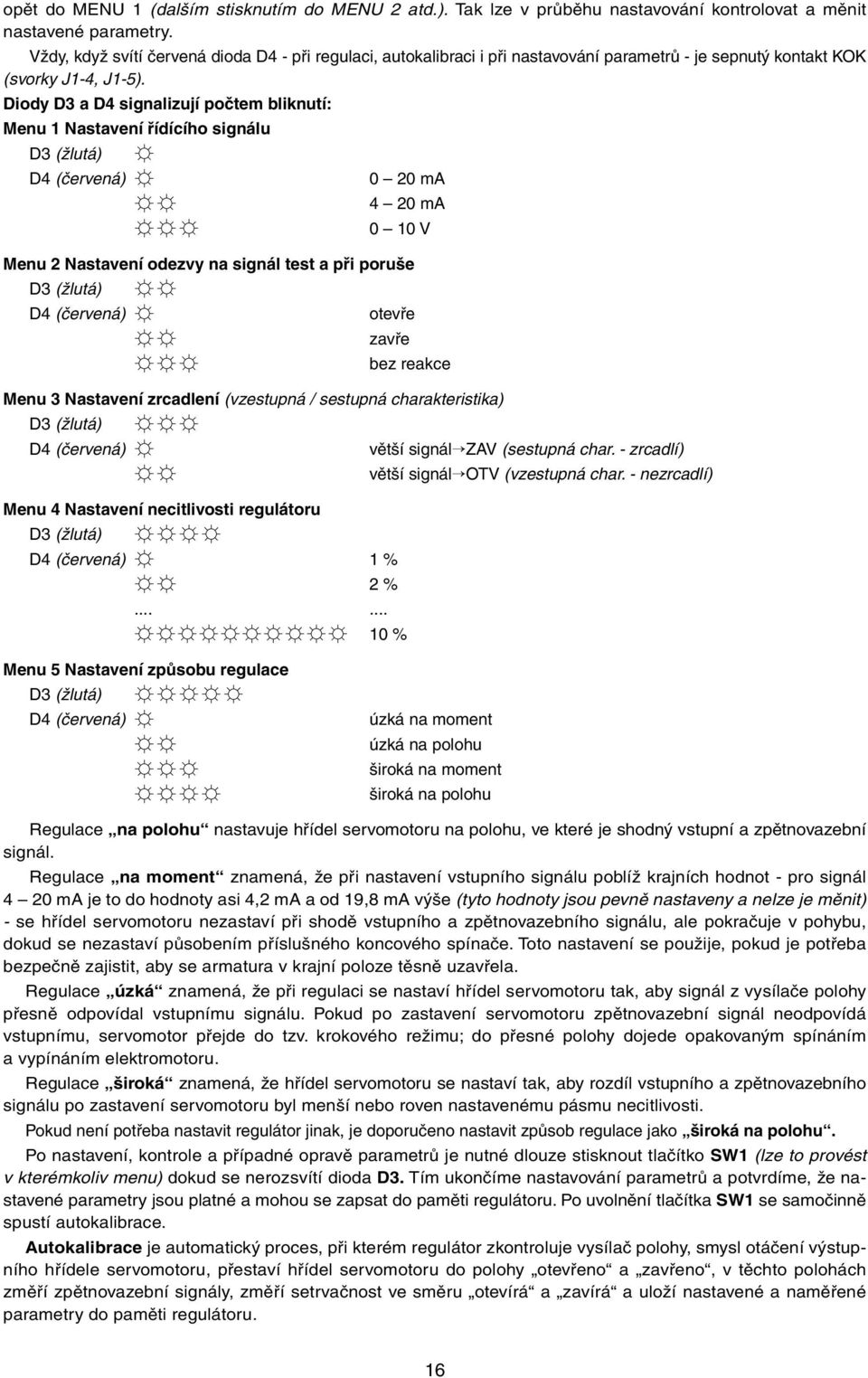 Diody D3 a D4 signalizují počtem bliknutí: Menu 1 Nastavení řídícího signálu D3 (žlutá) D4 (červená) 0 20 ma 4 20 ma 0 10 V Menu 2 Nastavení odezvy na signál test a při poruše D3 (žlutá) D4 (červená)