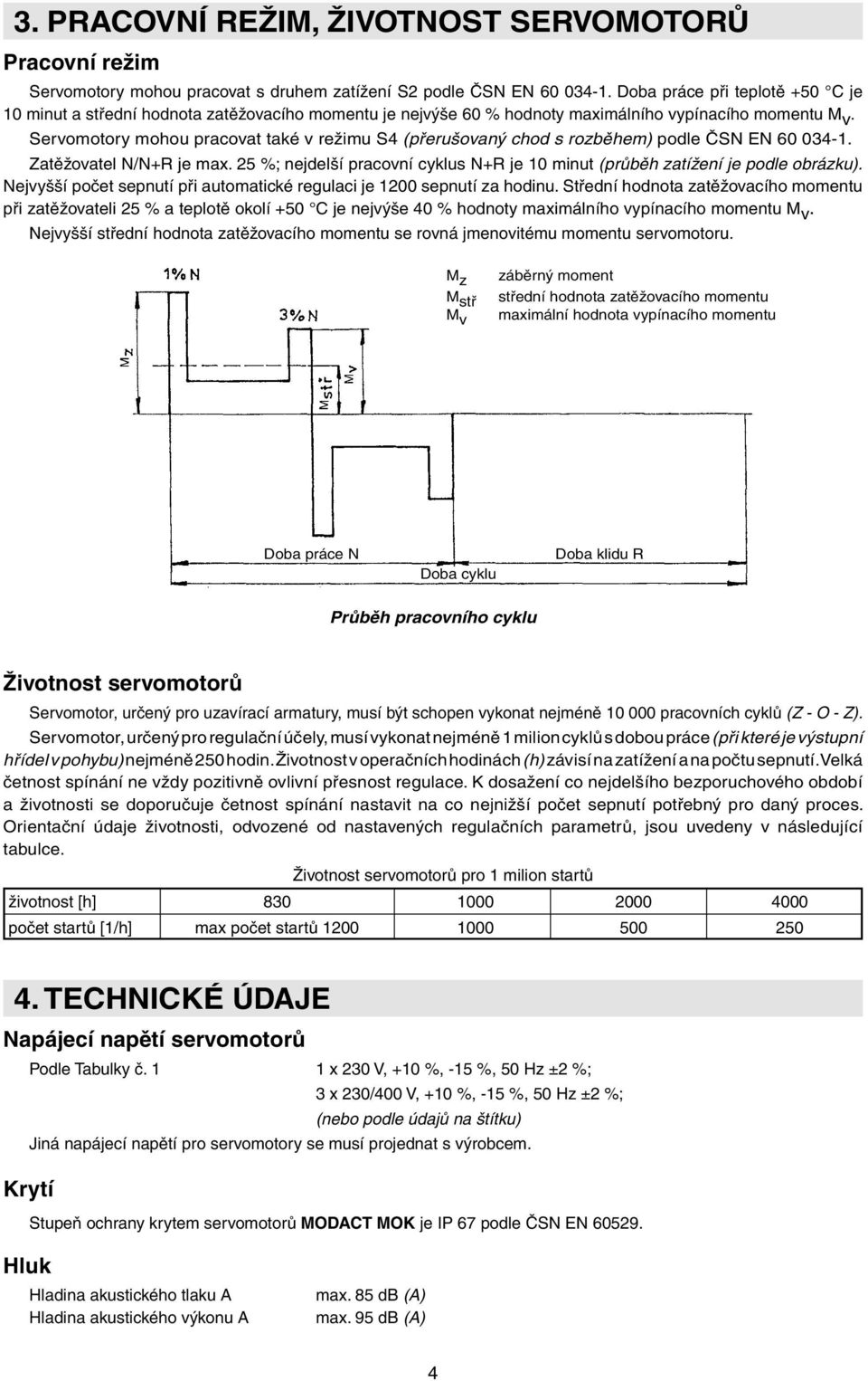 Servomotory mohou pracovat také v režimu S4 (přerušovaný chod s rozběhem) podle ČSN EN 60 034-1. Zatěžovatel N/N+R je max.